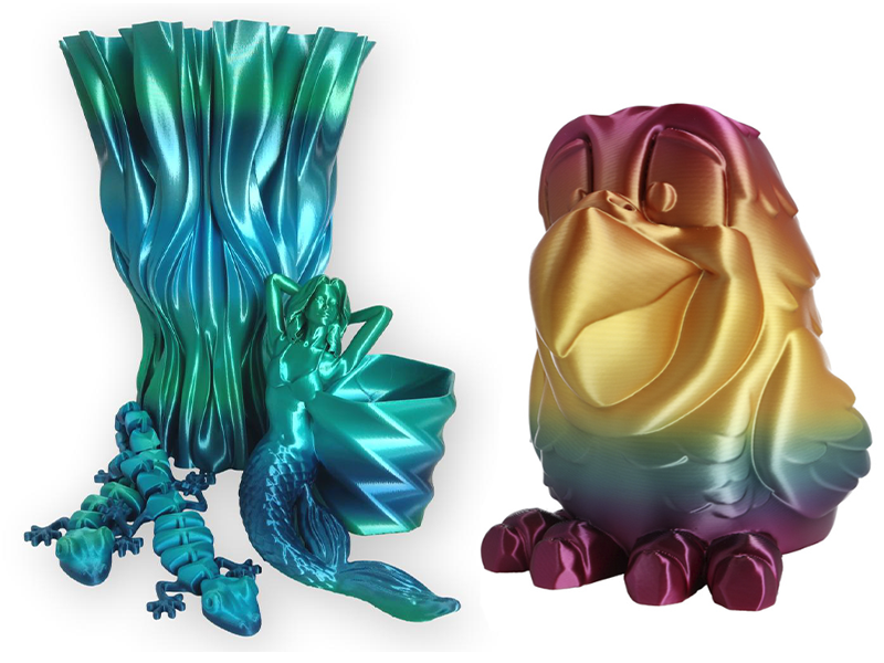 Parts 3D printed with the Rosa3D PLA Rainbow filament in Silk Ocean and Silk Tropical